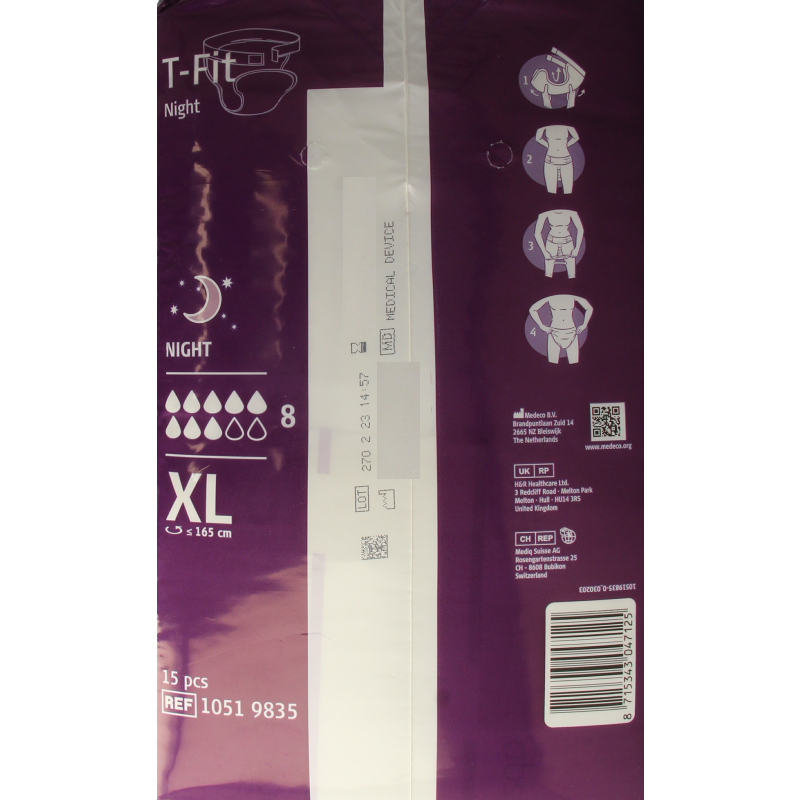 Absorin Comfort T-Fit Night incontinence pads, XL size, 15-piece pack, designed for discreet and secure protection.