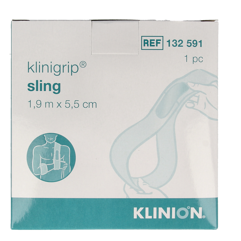 Klinion Klinigrip sling bandage, 1.9m x 5.5cm, for support and compression, shown in white fabric with label.