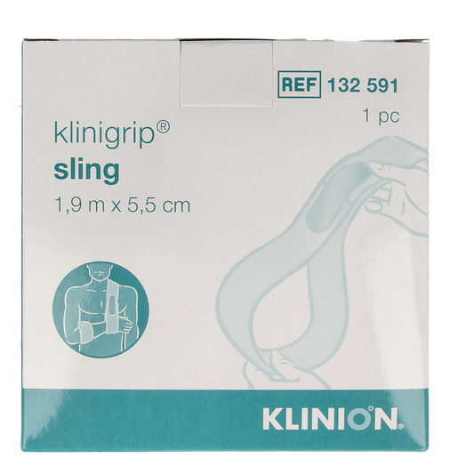 Klinion Klinigrip sling bandage, 1.9m x 5.5cm, for support and compression, shown in white fabric with label.