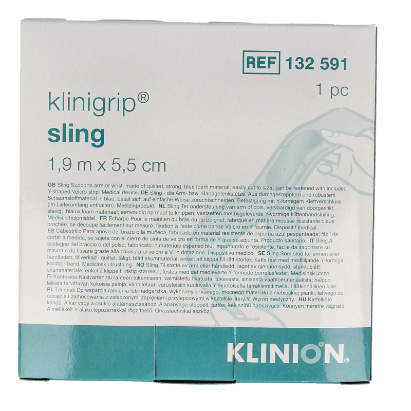 Klinion Klinigrip sling 1.9m x 5.5cm, sterile bandage for medical support, shown rolled out on a plain background.