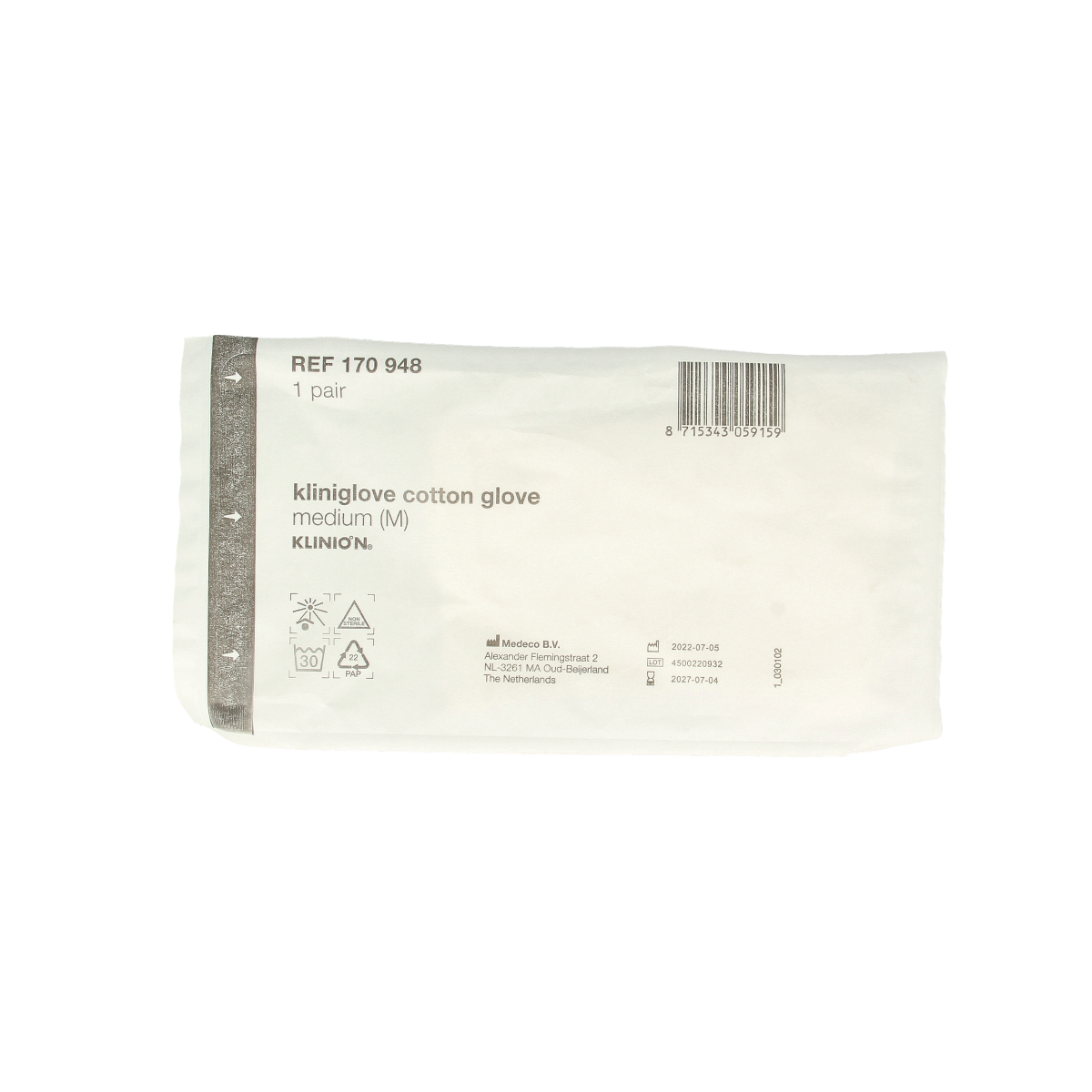 Kliniglove Verbandhandschoen maat M, medical dressing glove in white, shown as a pair in the image.