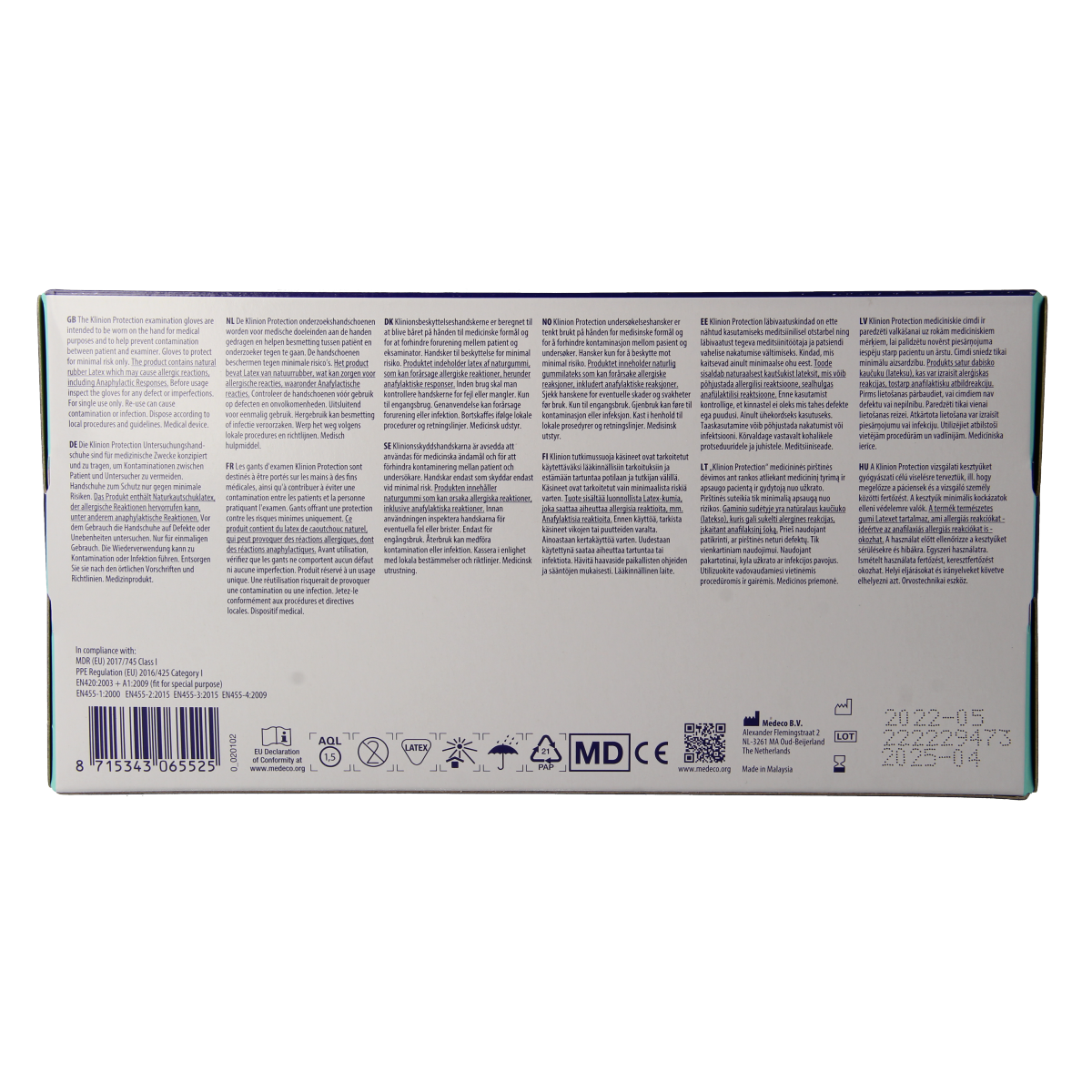 Pair of Klinion medical latex examination gloves in size M, powder-free, disposable, protective gloves for medical use.
