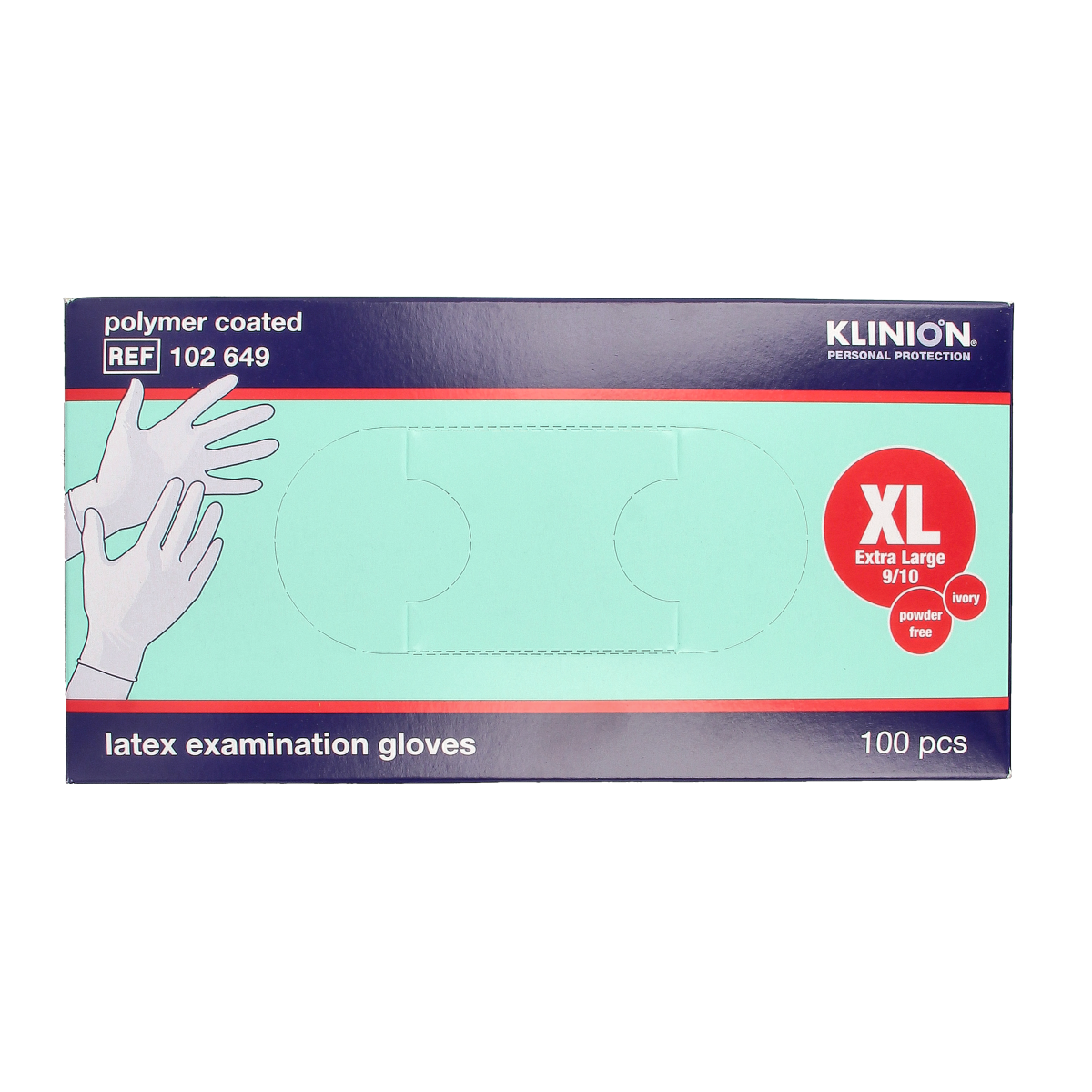 Klinion XL latex examination gloves, powder-free medical protective gloves, 100-pack, shown in close-up.