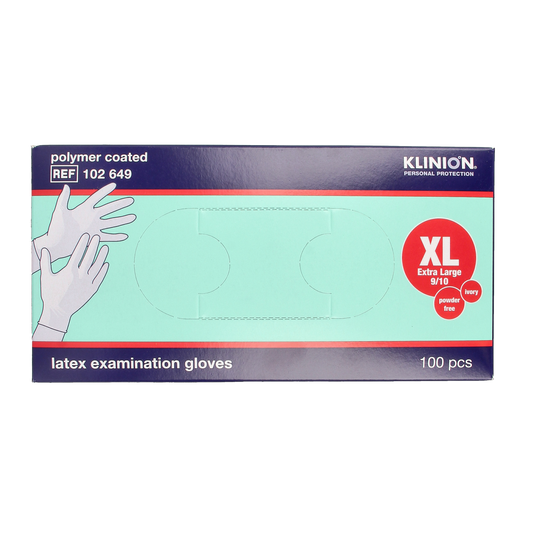 Klinion XL latex examination gloves, powder-free medical protective gloves, 100-pack, shown in close-up.