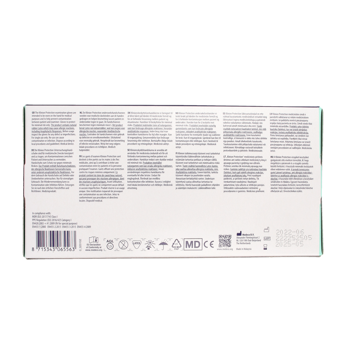 Klinion latex examination gloves in size XL, powder-free medical protective gloves, displayed in a pack of 100 pieces.