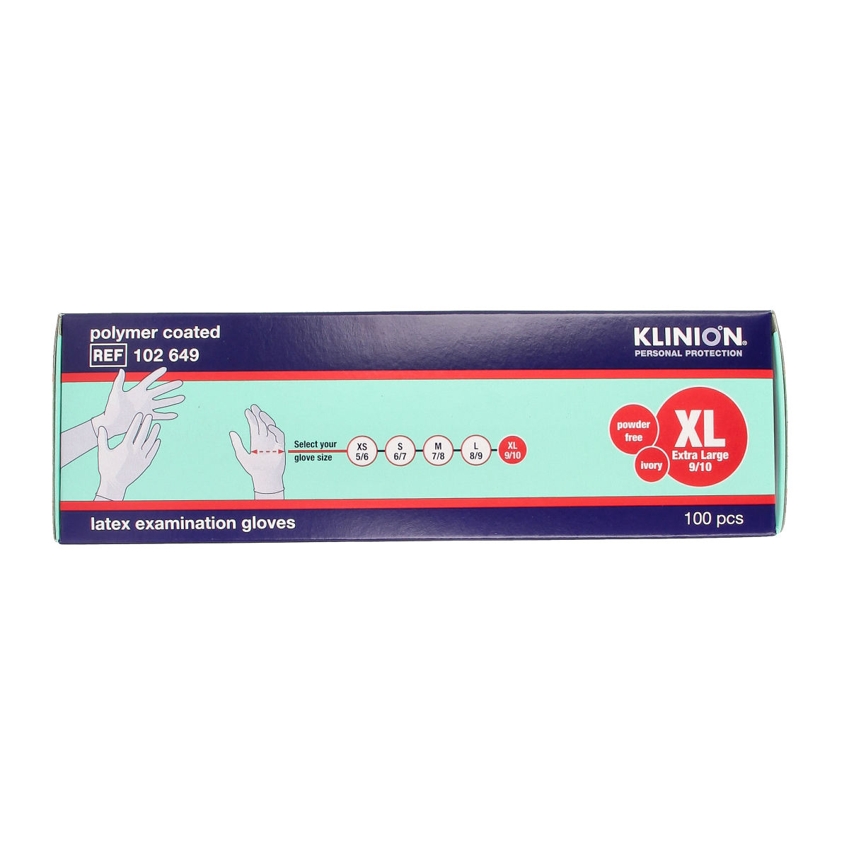 Klinion latex examination glove in XL size, powder-free, medical-grade protective glove, shown in a box of 100 pieces.