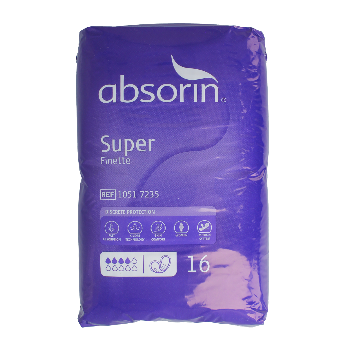 Absorin Comfort Finette Super 16 incontinence pads, pack of 16, designed for discreet and effective bladder leakage protection.