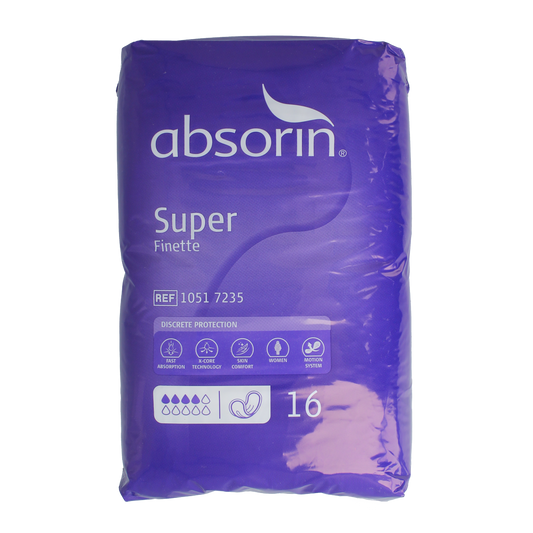 Absorin Comfort Finette Super 16 incontinence pads, pack of 16, designed for discreet and effective bladder leakage protection.
