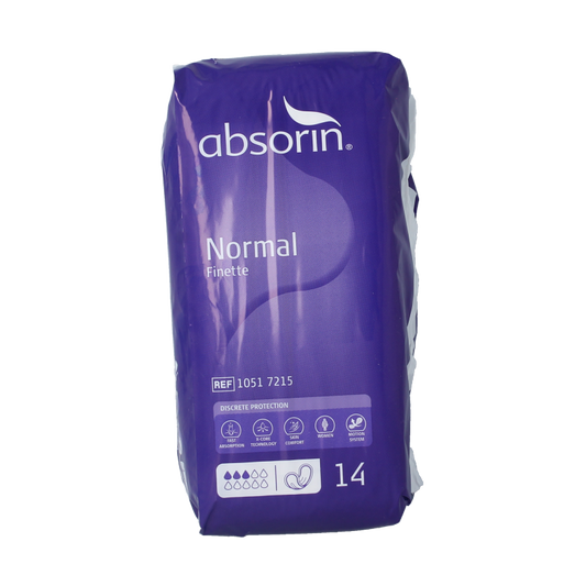 Absorin Comfort finette normal incontinence pads, 14-piece pack, designed for reliable bladder support and discreet protection.