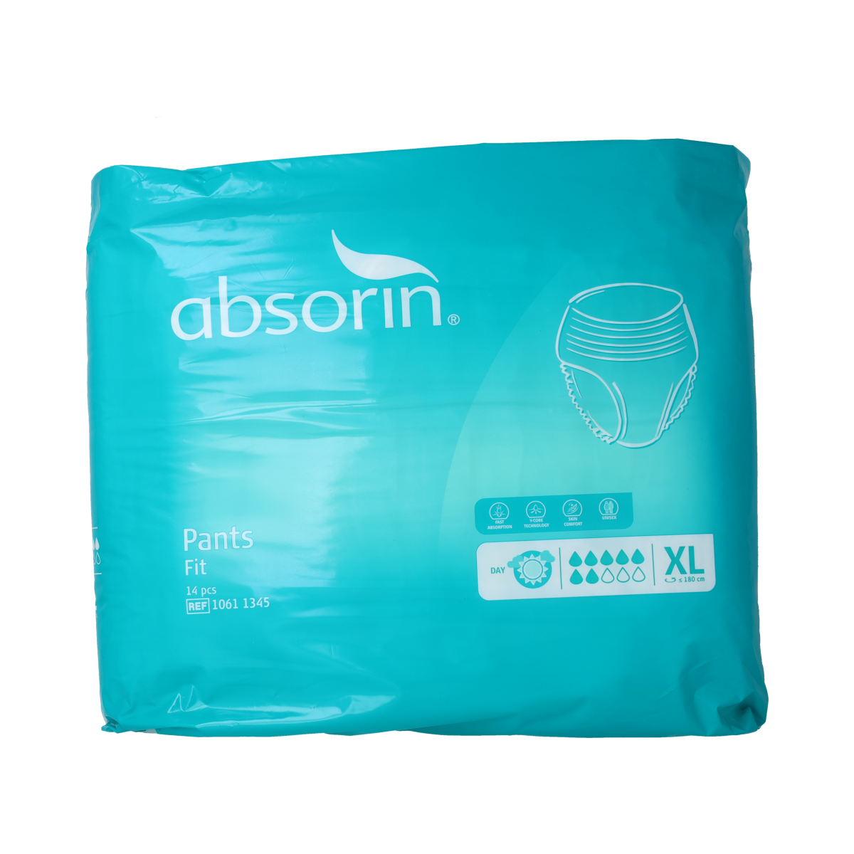 Absorin Comfort incontinent pants fit XL, showing 14 disposable incontinence briefs with a soft, snug fit for comfort.