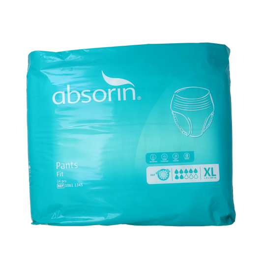 Absorin Comfort incontinent pants fit XL, showing 14 disposable incontinence briefs with a soft, snug fit for comfort.