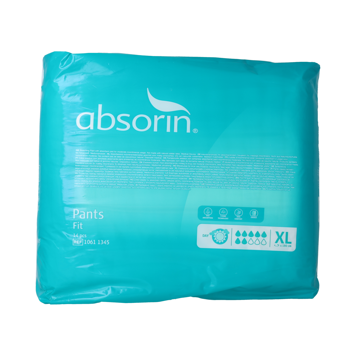 Absorin Comfort incontinent pants fit maat XL, pack of 14, shown in a close-up image highlighting the waistband and fabric.