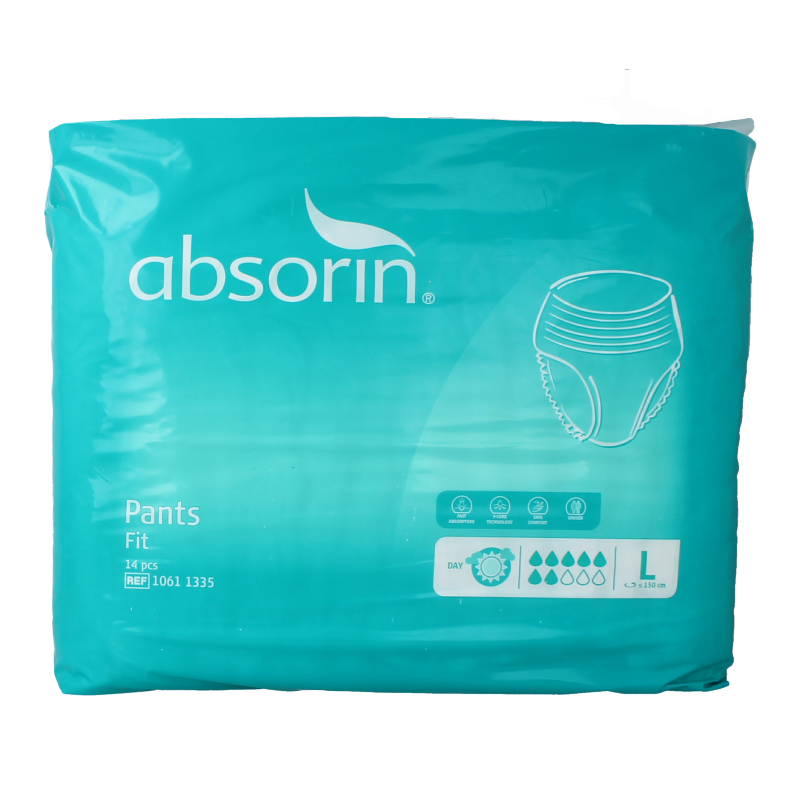 Absorin Comfort incontinent pants, size L, 14-pack, with adjustable fit and breathable fabric for daily comfort.