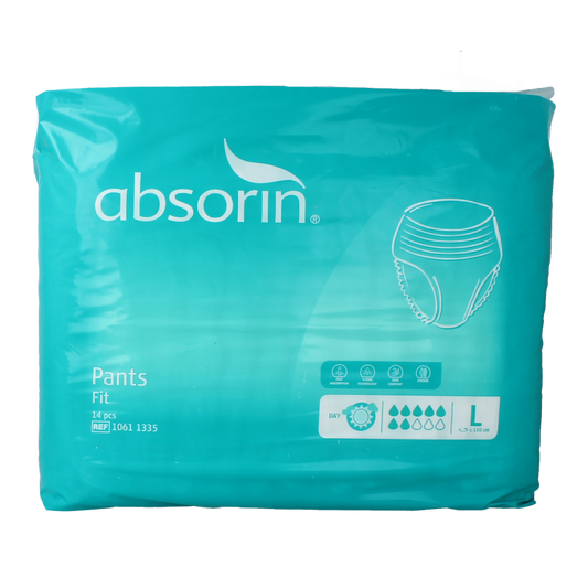 Absorin Comfort incontinent pants, size L, 14-pack, with adjustable fit and breathable fabric for daily comfort.