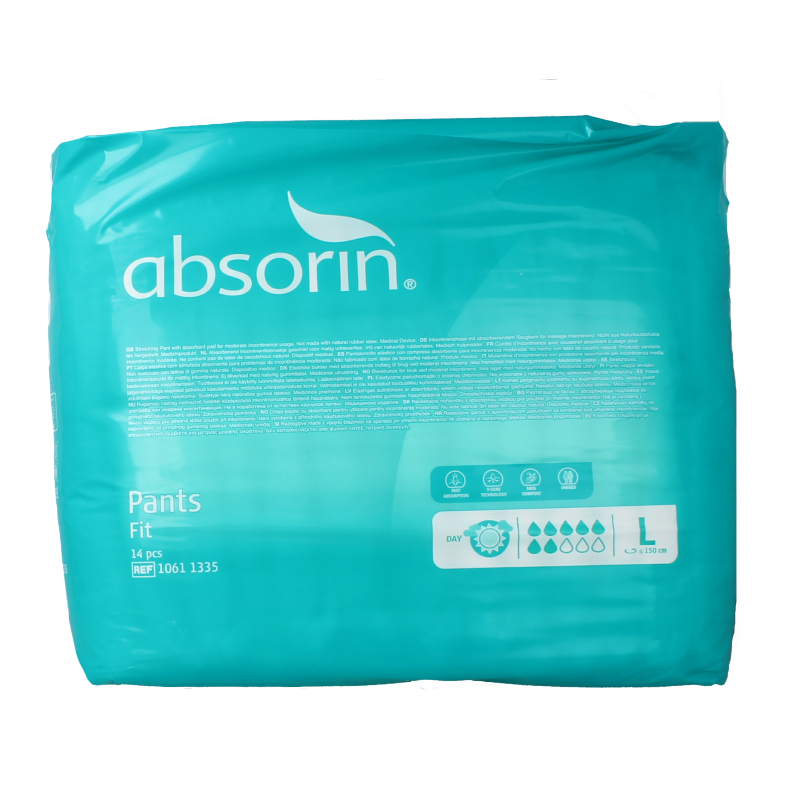 Absorin Comfort incontinent pants fit size L, shown in a pack of 14, designed for reliable incontinence protection.