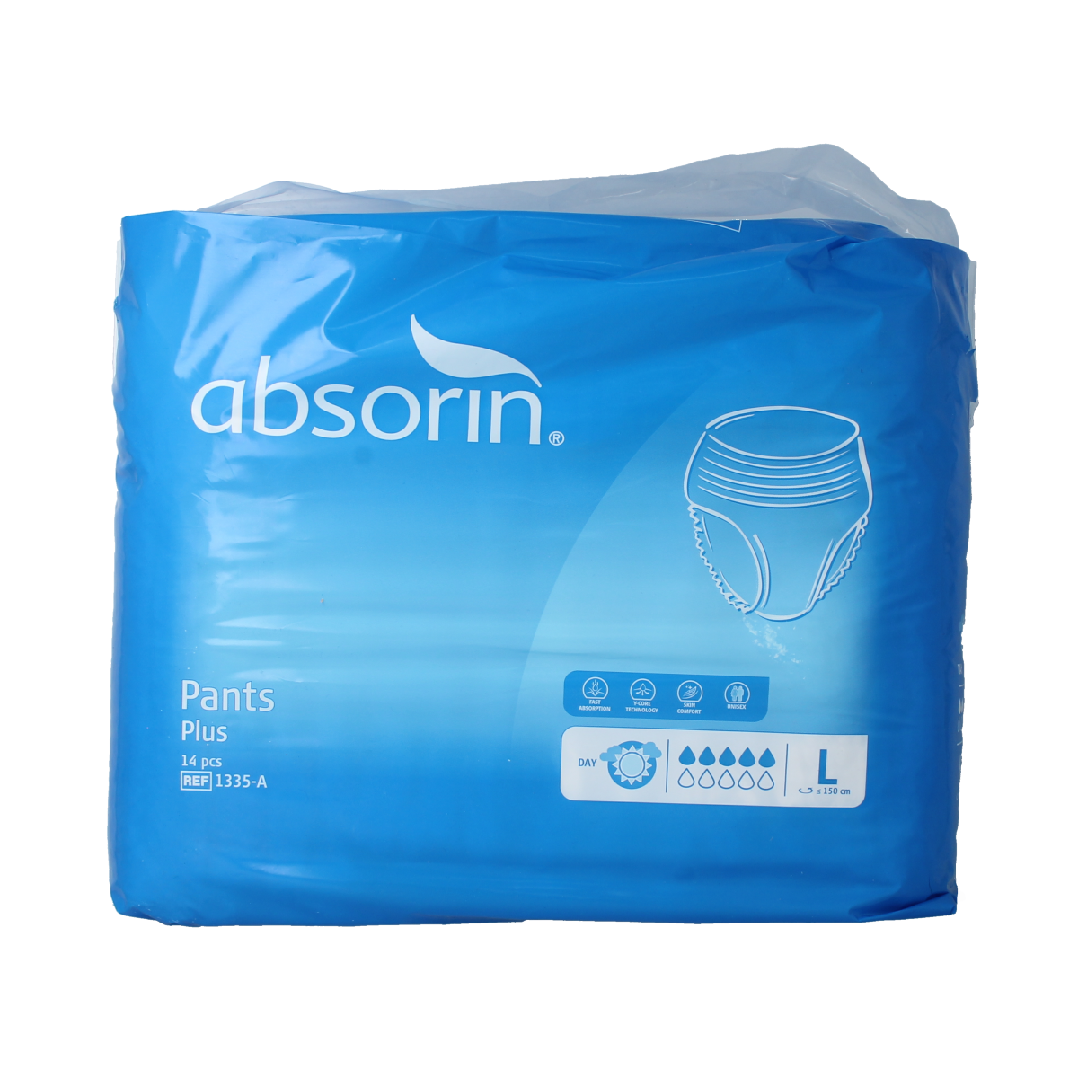 Absorin incontinence pants plus size L, pack of 14, shown in the image with multiple beige adult diaper-style pants.