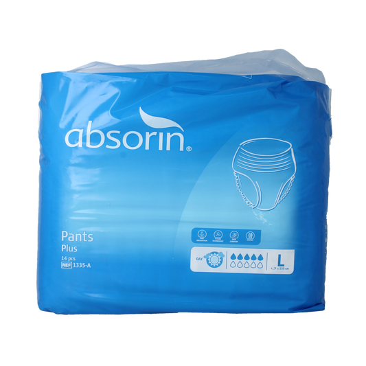 Absorin incontinence pants plus size L, pack of 14, shown in the image with multiple beige adult diaper-style pants.