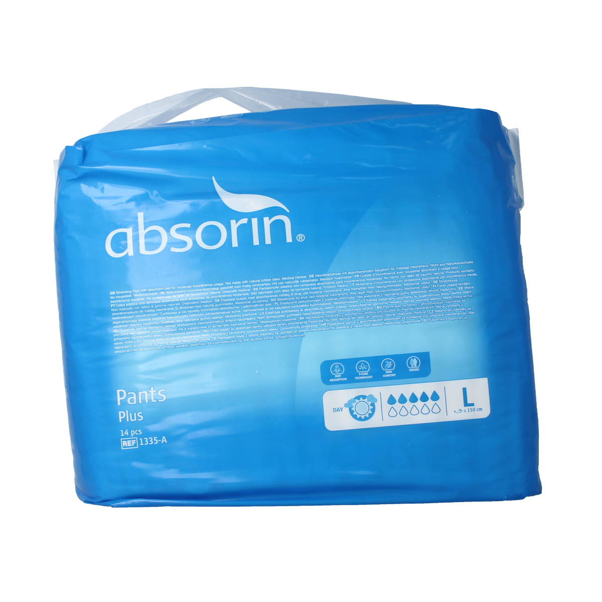 Absorin Incontinentie Pants Plus L, a pack of 14, shown in the image with their comfortable fit and discreet design.