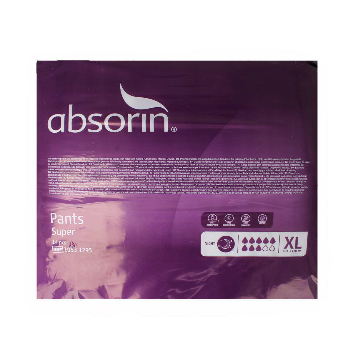Absorin Comfort Incontinence Pants Super XL, pack of 14, shown in the image with blue and white design.