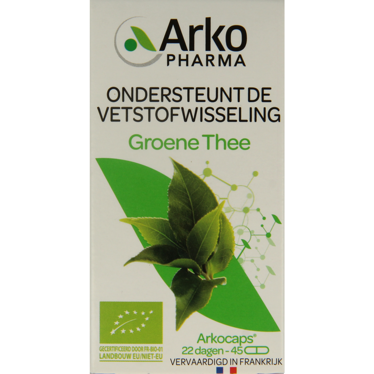 Arkocaps Groene Thee bio capsules, herbal supplement in a white bottle with green label, 45 capsules for natural wellness.
