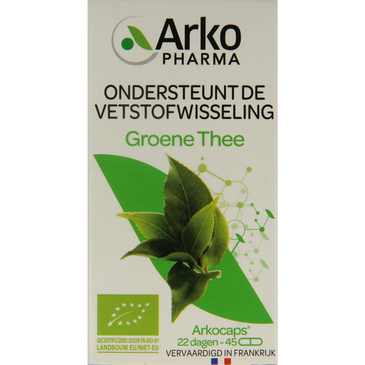 Arkocaps Groene Thee bio capsules, herbal supplement in a white bottle with green label, 45 capsules for natural wellness.