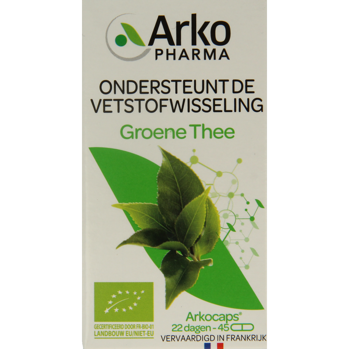 Arkocaps Groene Thee bio capsules, natural herbal supplement in a bottle, designed for wellness and antioxidant support.
