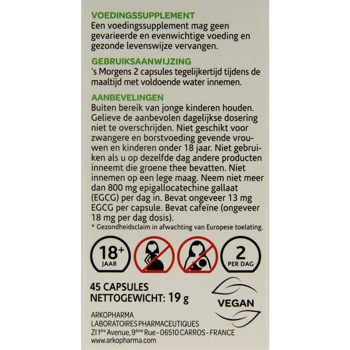 Arkocaps Groene Thee Bio capsules, herbal supplement in a white bottle with green label, 45 capsules, natural health product.