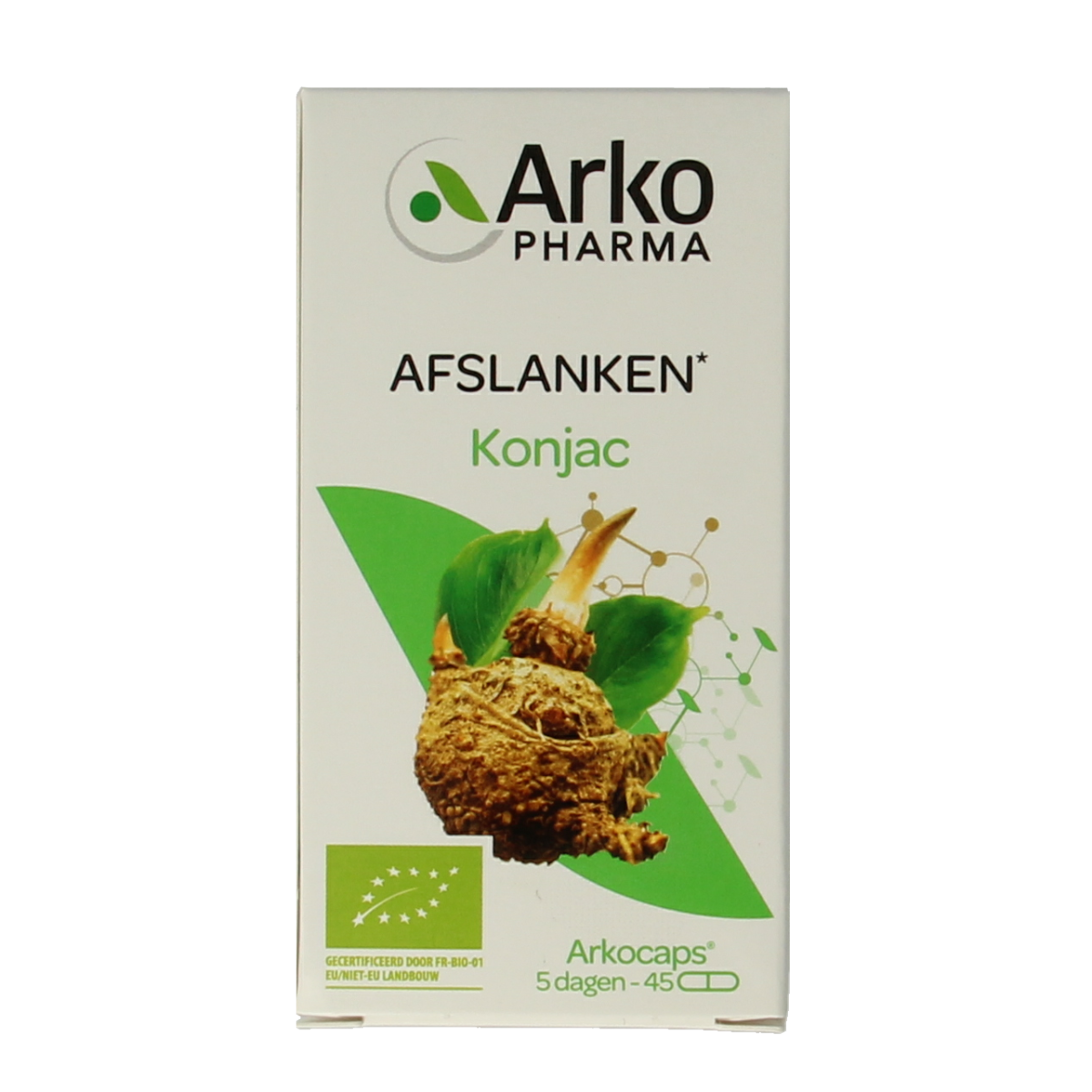 Arkocaps Konjac bio capsules, herbal supplement in a clear bottle with label, natural health product.