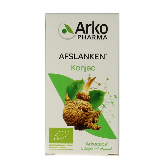 Arkocaps Konjac bio capsules, herbal supplement in a clear bottle with label, natural health product.