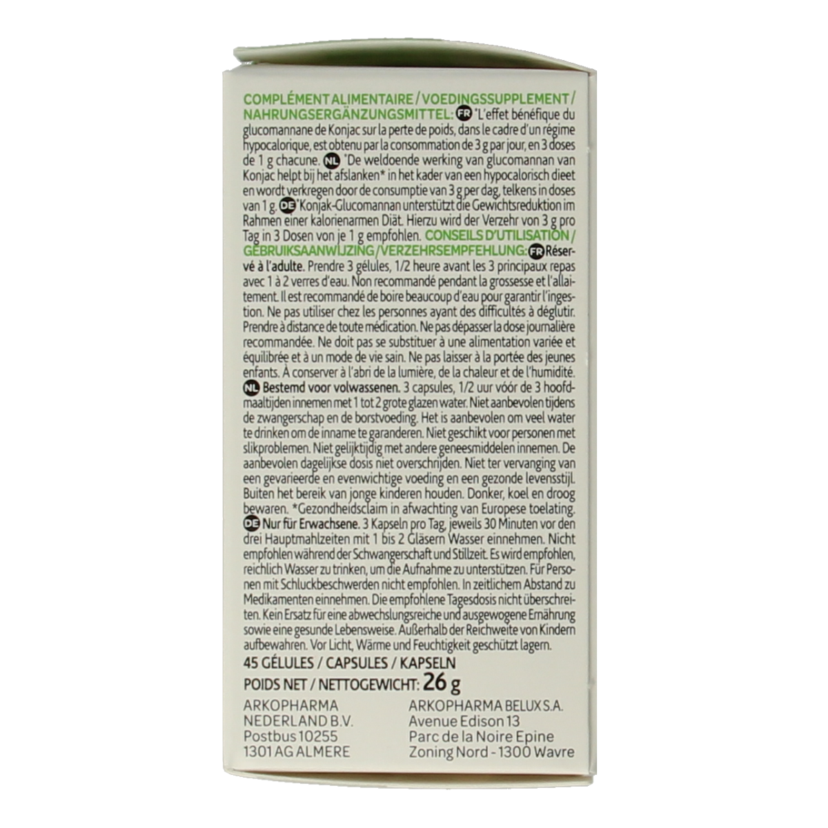 Arkocaps Konjac bio capsules in a clear container, featuring 45 capsules of herbal supplement for dietary health.
