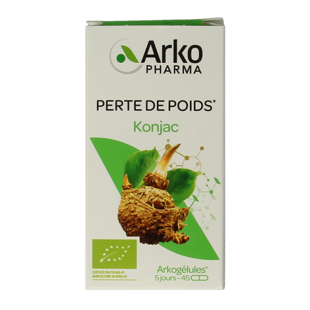 Arkocaps Konjac bio capsules in a bottle, herbal supplement by Arkocaps, 45 capsules for dietary health and weight management.