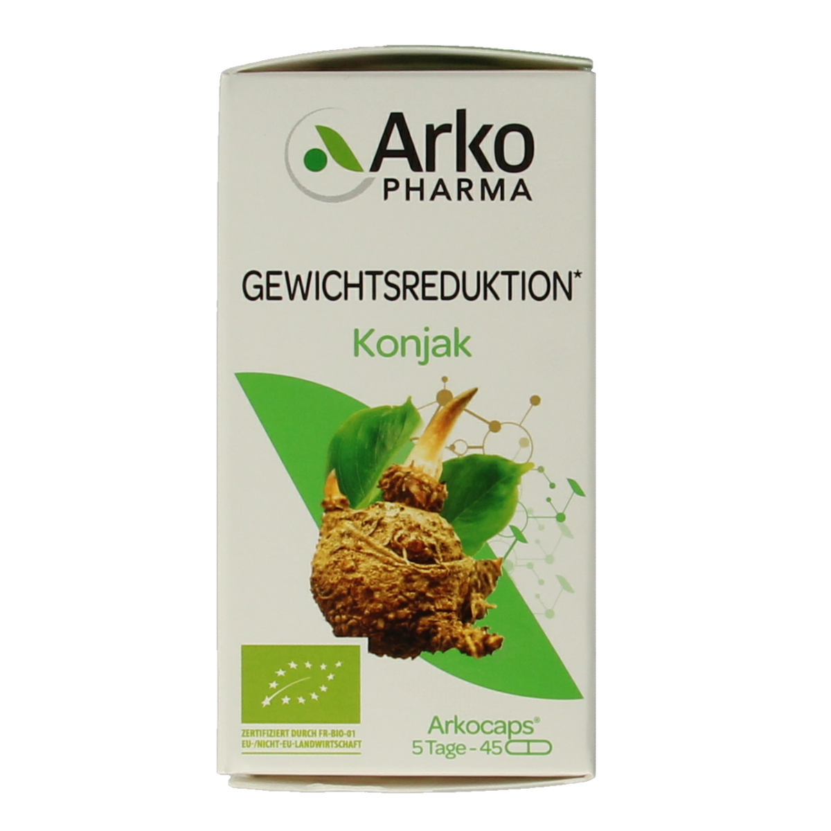 Arkocaps Konjac bio capsules in a bottle, natural herbal supplement for digestive health, by Arkocaps, showing the product label.