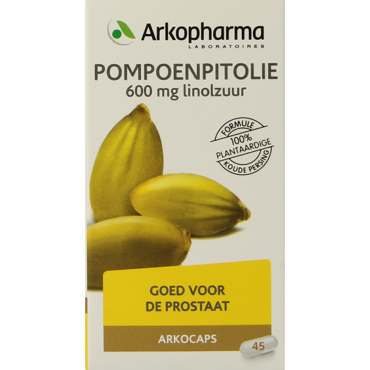 Arkocaps Pompoenpitolie capsules in a bottle, herbal supplement for health and wellness, by Arkocaps.