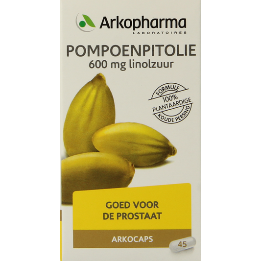 Arkocaps Pompoenpitolie capsules in a bottle, herbal supplement for health and wellness, by Arkocaps.