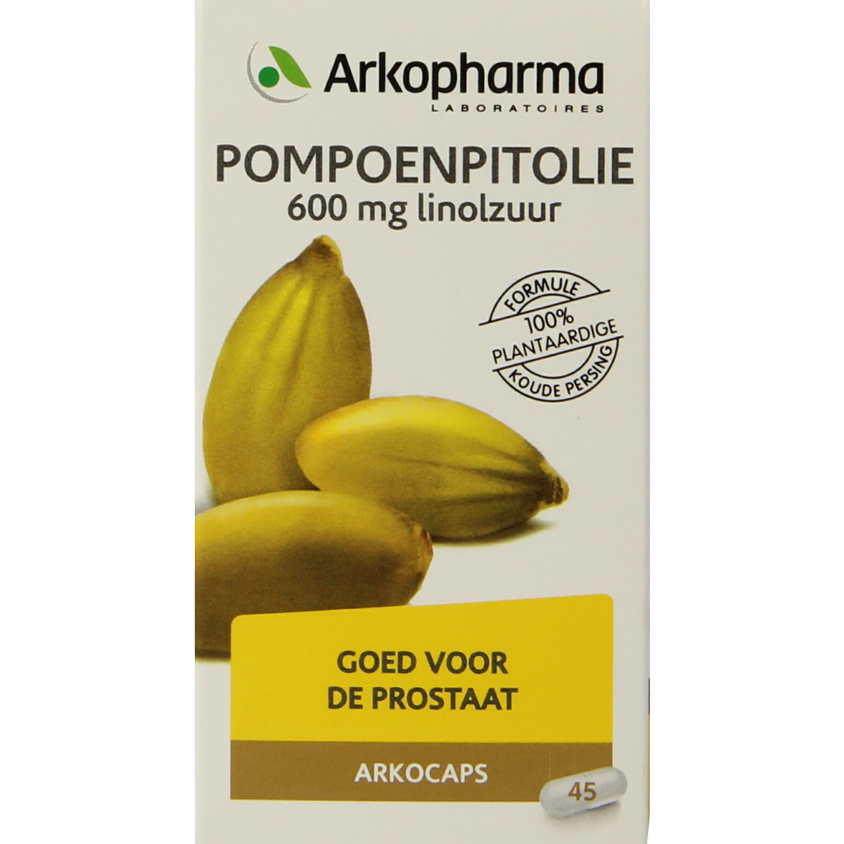 Arkocaps Pompoenpitolie capsules in a blister pack, herbal supplement by Arkocaps for health and wellness.