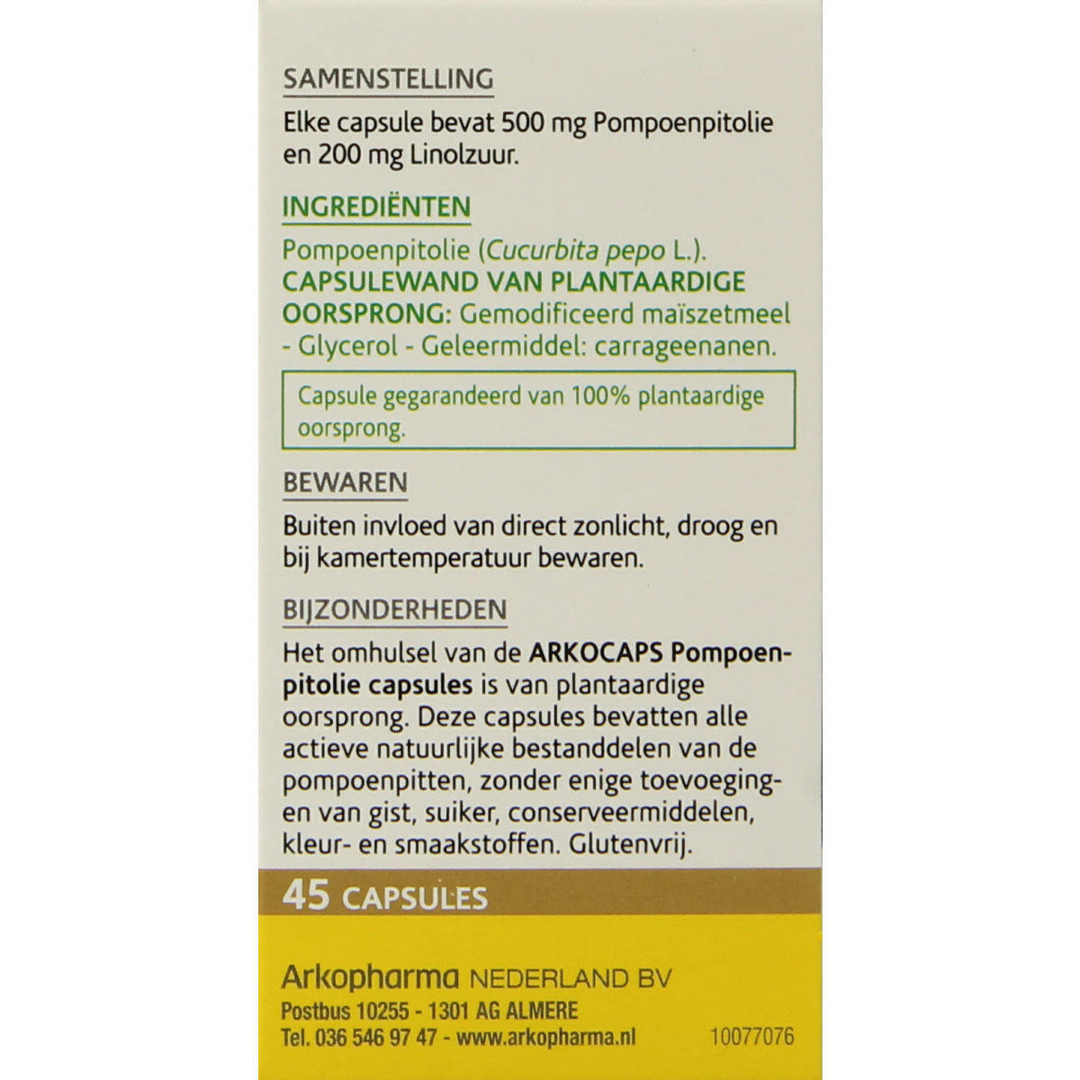 Arkocaps Pompoenpitolie capsules in a bottle, herbal supplement by Arkocaps for supporting health and wellness.