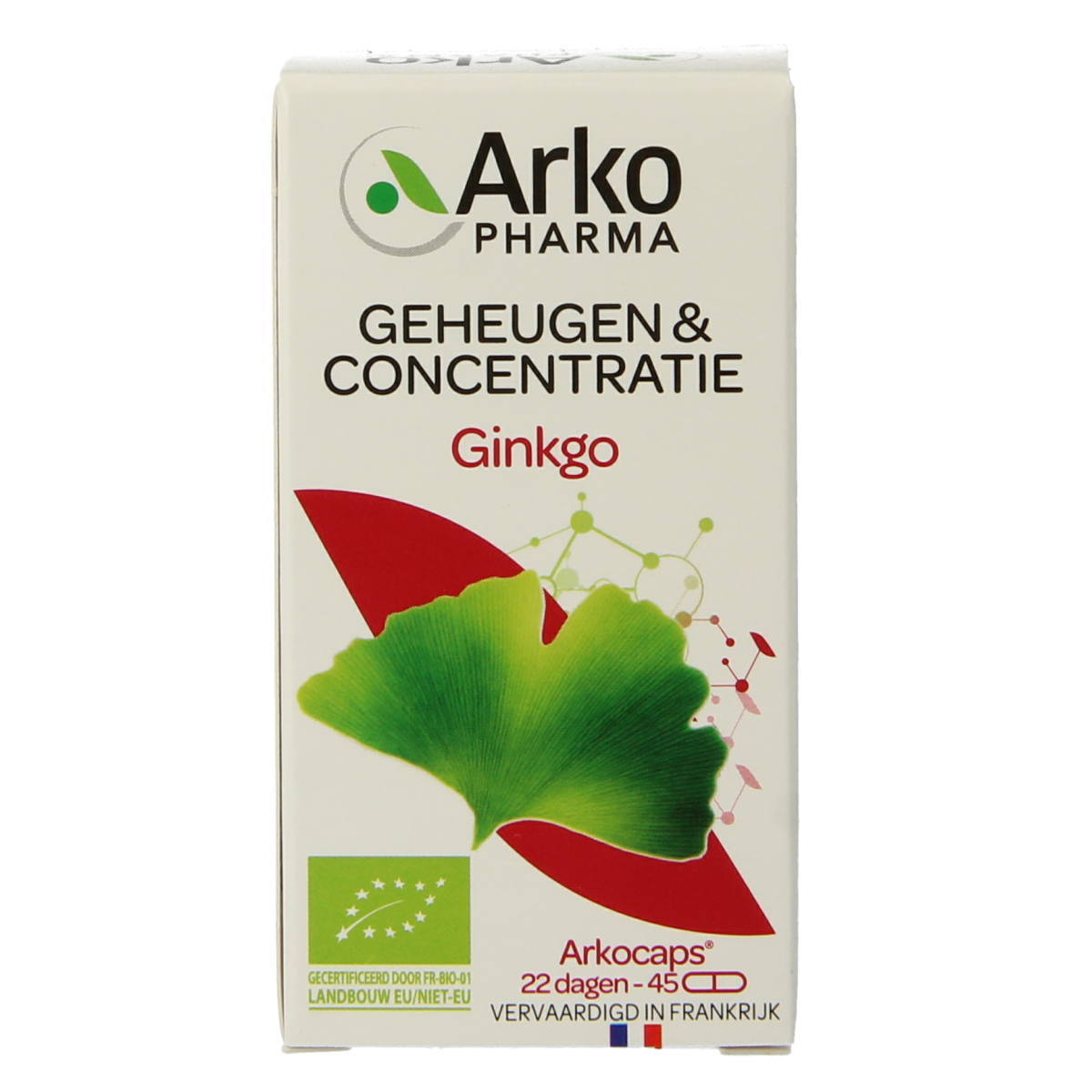 Arkocaps Ginkgo bio herbal capsules in a bottle, natural supplement for cognitive support, from Arkocaps brand.