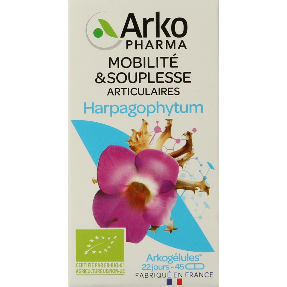 Arkocaps Duivelsklauw bio herbal capsules in a jar, showcasing the Arkocaps brand and 45 capsules.