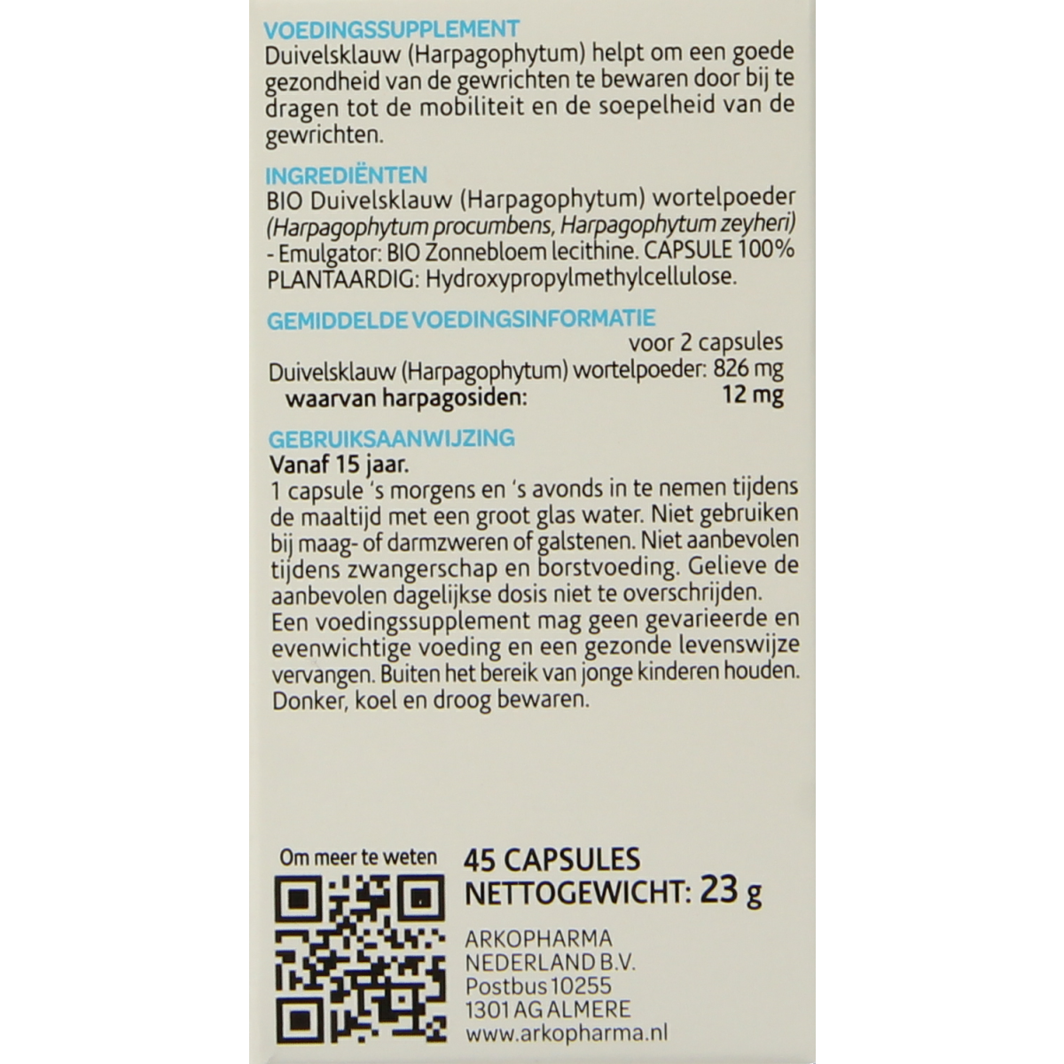 Arkocaps Duivelsklauw bio capsules, herbal supplement, 45 capsules, natural herbal remedy by Arkocaps, visible packaging and capsules