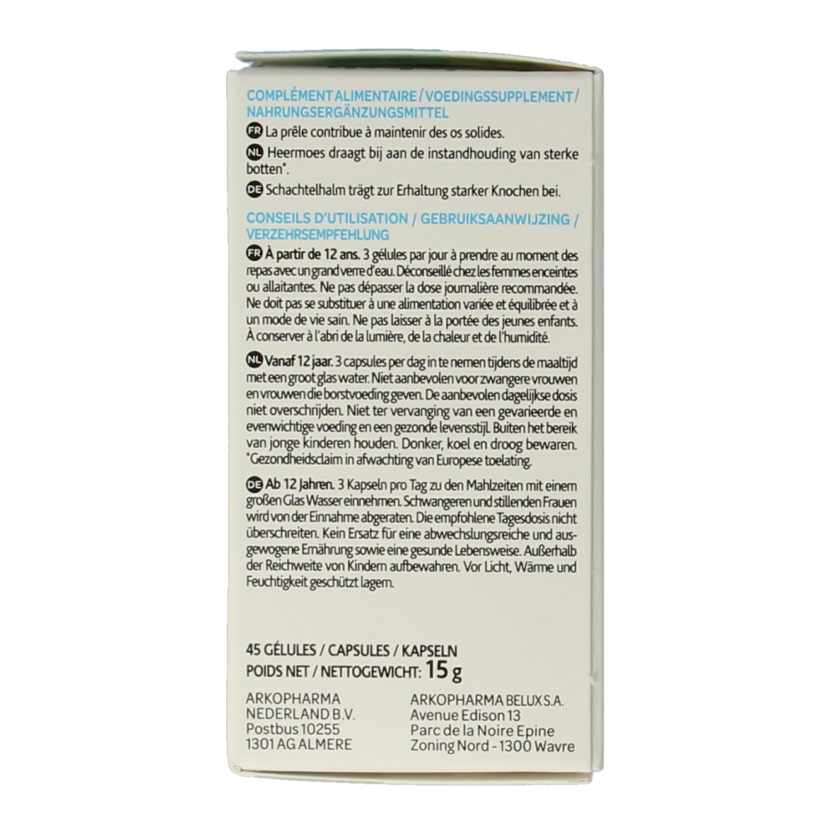Arkocaps Heermoes herbal capsules, natural supplement by Arkocaps, featuring 45 capsules in a clear container with green label.
