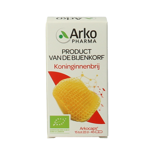 Arkocaps Royal Jelly bio capsules in a bottle, herbal supplement by Arkocaps, Kruidenpreparaten product for natural health.