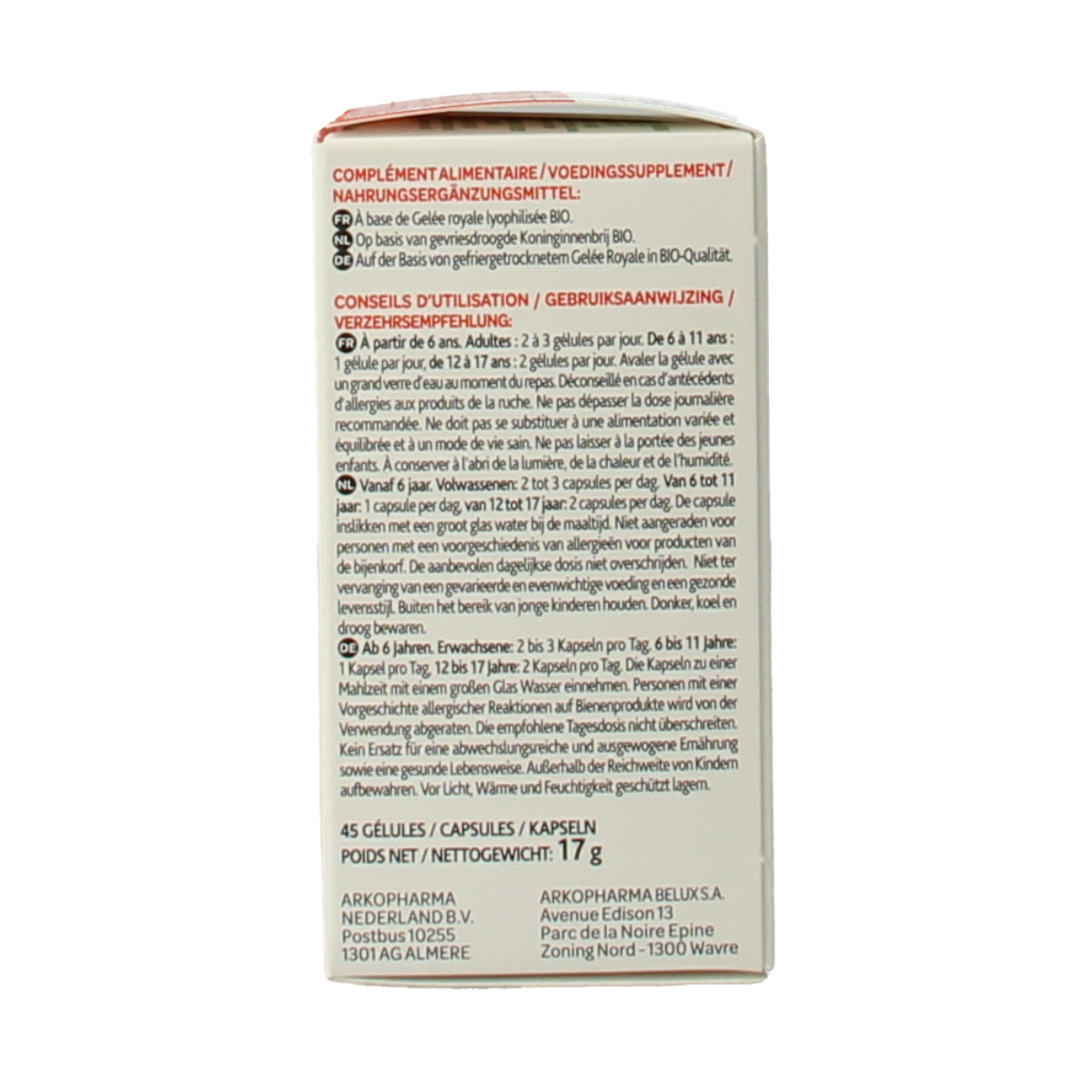 Arkocaps Royal Jelly bio capsules in a bottle, herbal supplement from Arkocaps featuring 45 capsules for natural health support.