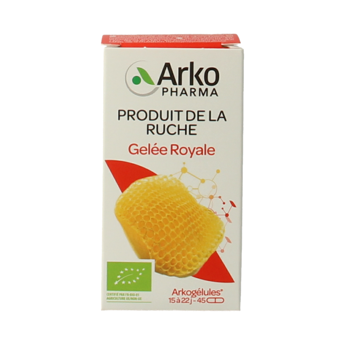 Arkocaps Royal Jelly bio capsules in a bottle, herbal supplement by Arkocaps, displayed on a neutral background.