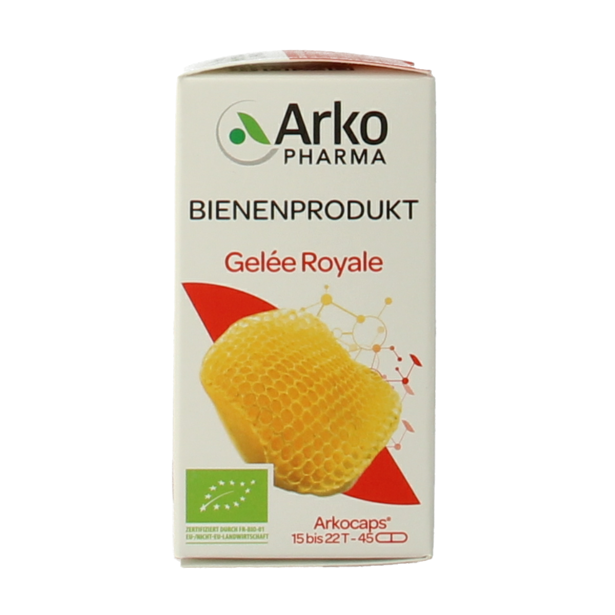 Arkocaps Royal Jelly bio capsules in a bottle, natural dietary supplement from Arkocaps with 45 capsules.