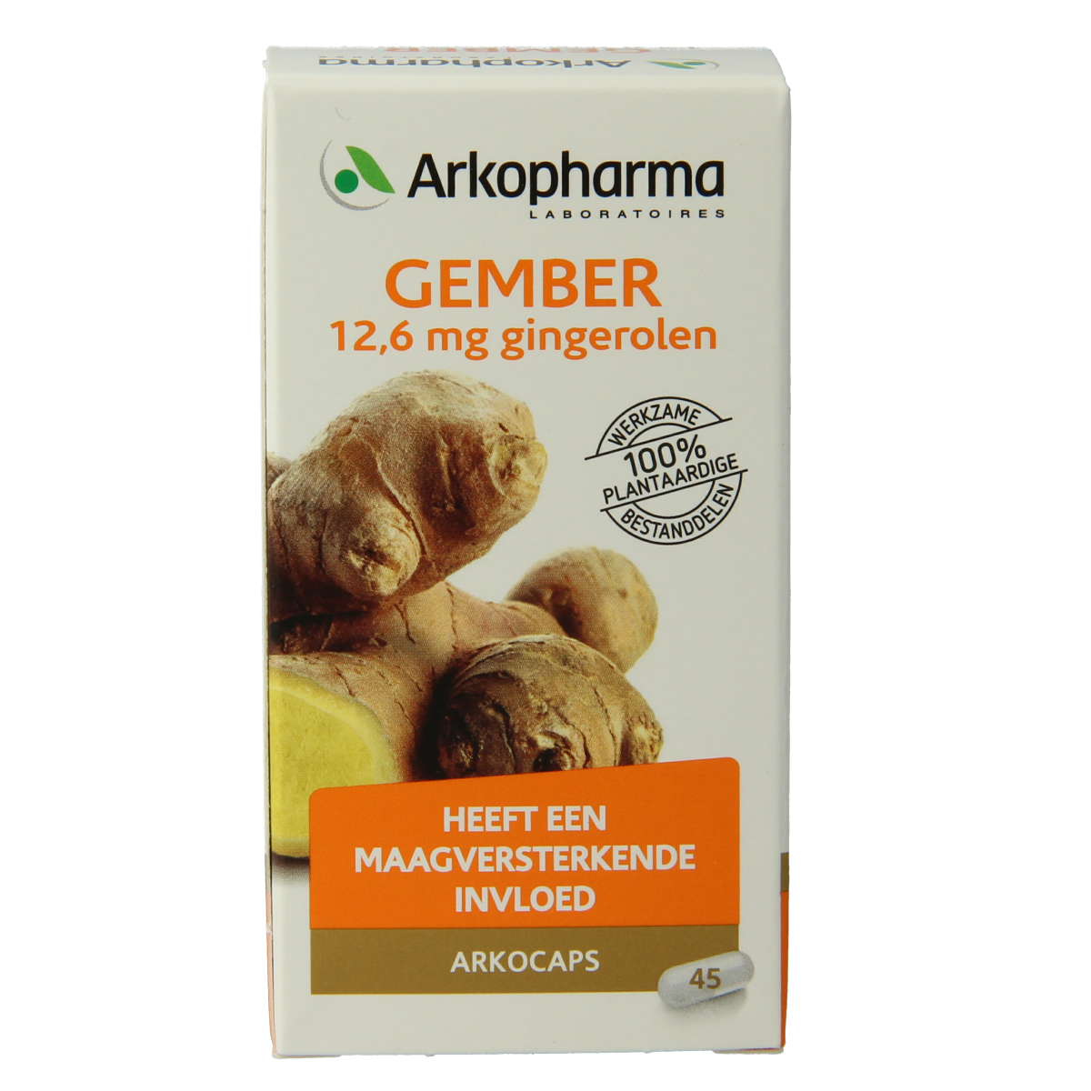 Arkocaps Gember capsules in a bottle, herbal supplement by Arkocaps, showing the product label and capsules inside the bottle.