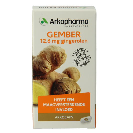 Arkocaps Gember capsules in a bottle, herbal supplement by Arkocaps, showing the product label and capsules inside the bottle.