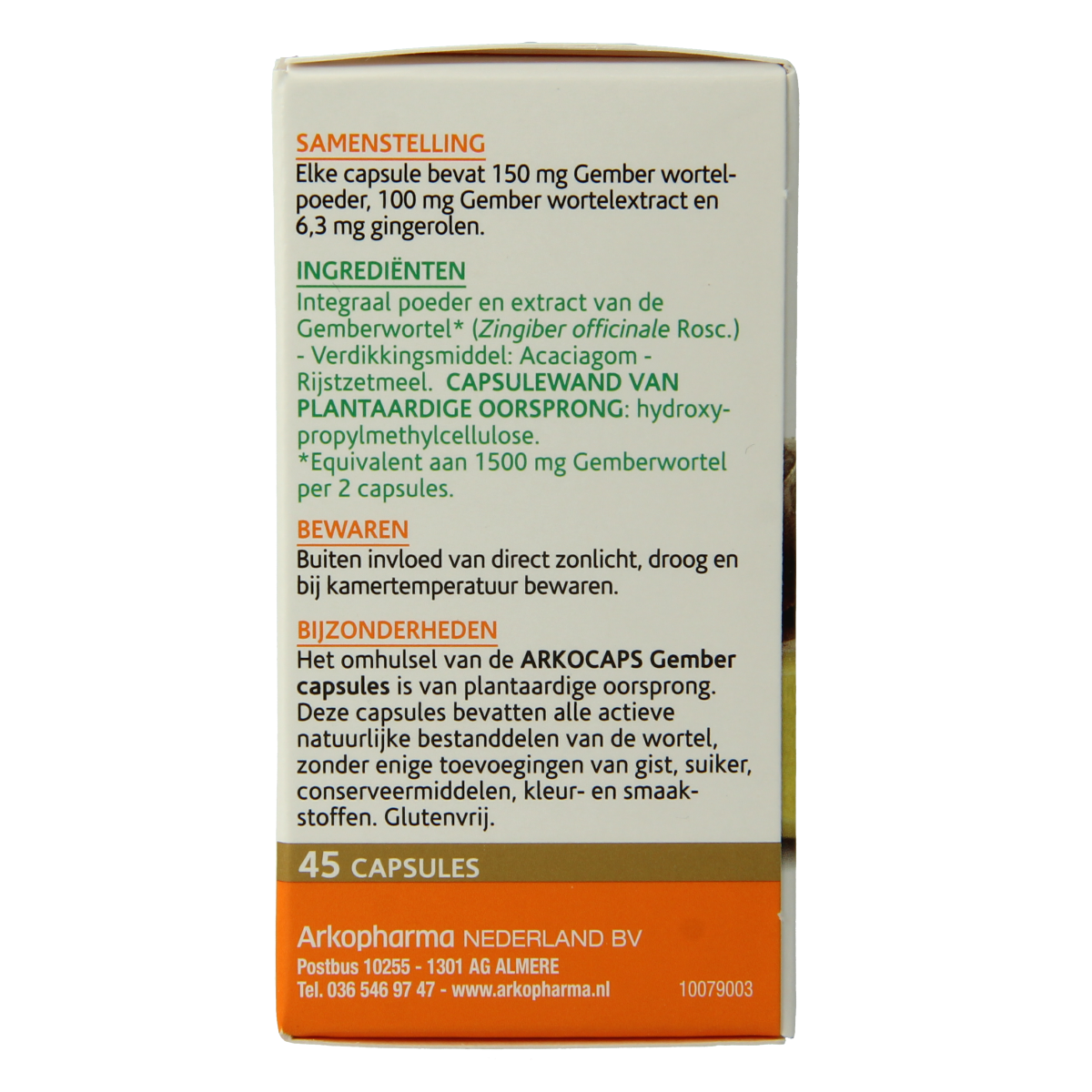 Arkocaps Gember capsules in a bottle, herbal supplement from Arkocaps, featuring ginger root for wellness.