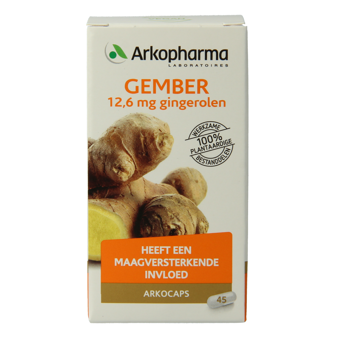 Arkocaps Gember capsules in a bottle, herbal supplement from Arkocaps, featuring ginger root for natural wellness.
