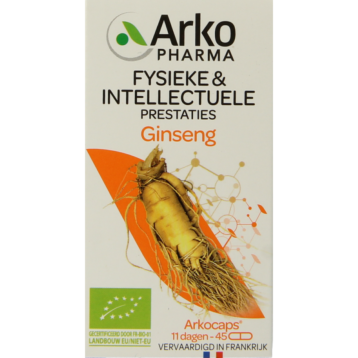 Arkocaps Ginseng bio capsules, herbal supplement in a clear bottle with 45 capsules, natural health product by Arkocaps