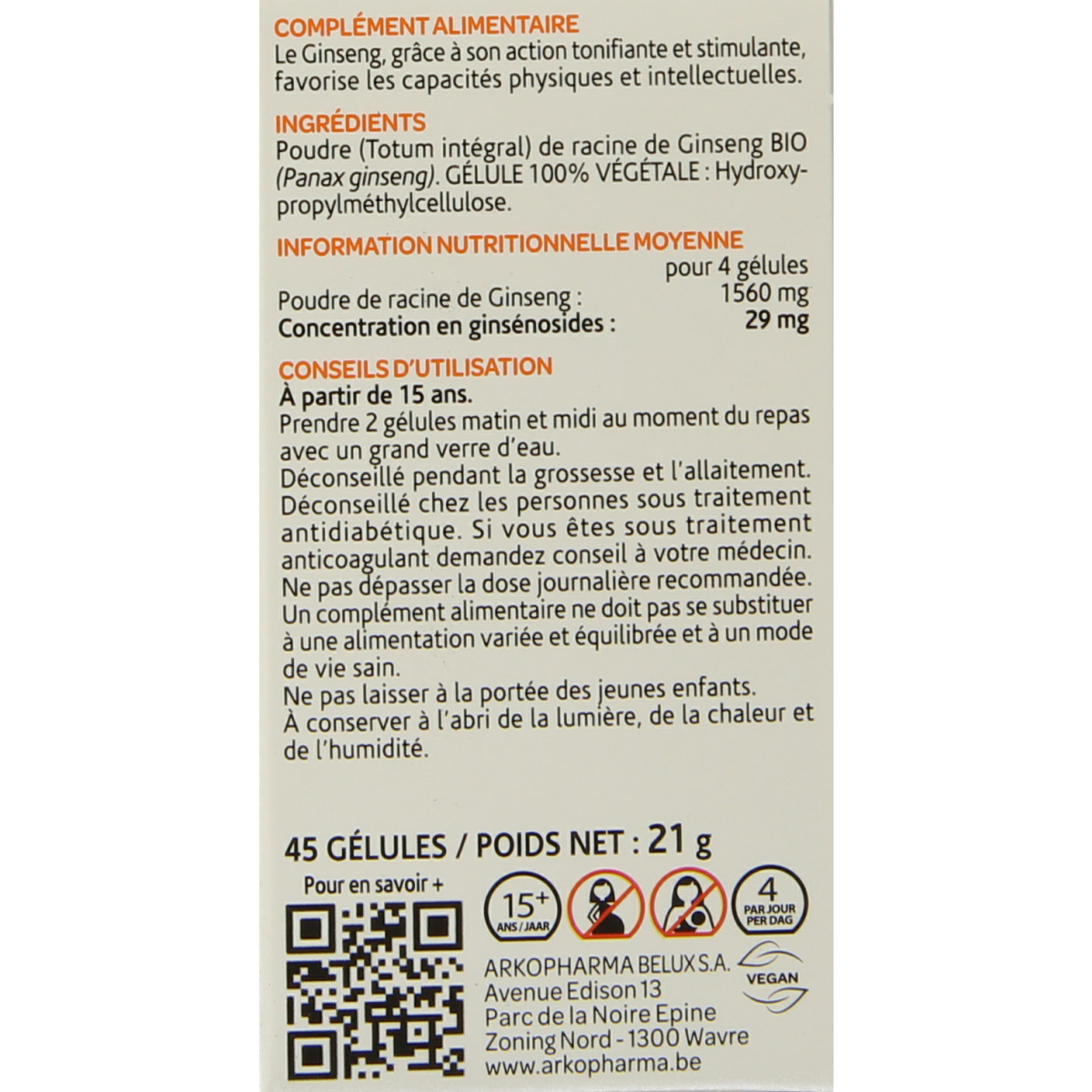 Arkocaps Ginseng bio herbal capsules, 45 count, featuring green and white capsules in a natural supplement packaging.